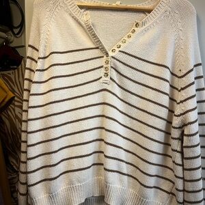 Sezane White and Brown Striped V-Neck Sweater